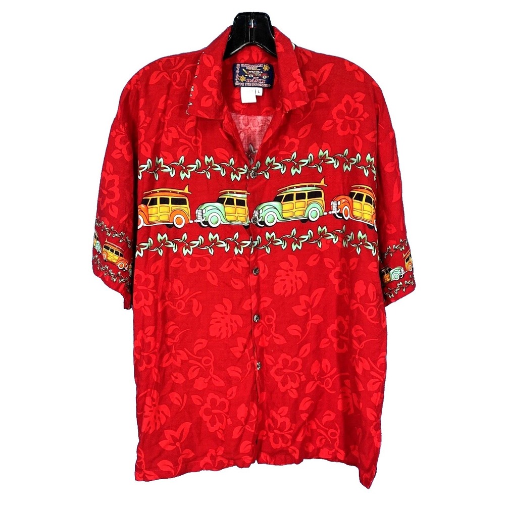 BASIX Men's RED Rayon Hawaiian WOODY/SURF Short Sleeve BUTTON-UP Camp Shirt Sz L